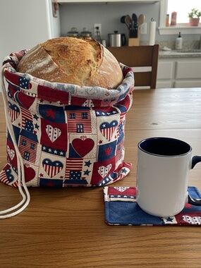 American Heart Cotton Bread Bag with Matching Mug Rug, Sourdough Bread Keeper